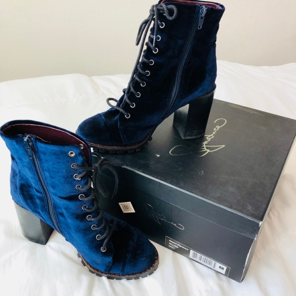 Velvet Combat Boots with Chunky Heel in Blue